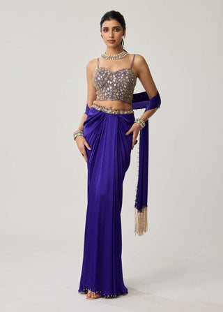 Persian blue satin draped skirt set