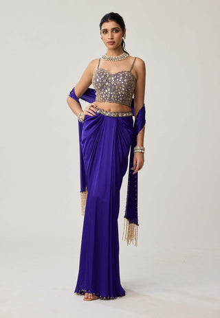 Persian blue satin draped skirt set