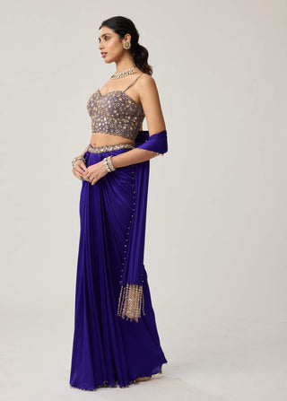 Persian blue satin draped skirt set