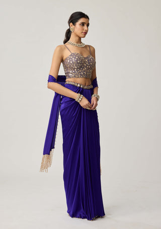 Persian blue satin draped skirt set