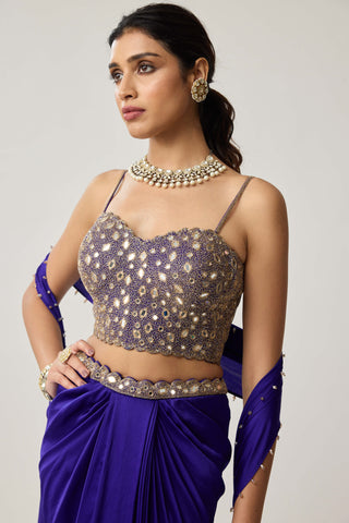 Persian blue satin draped skirt set