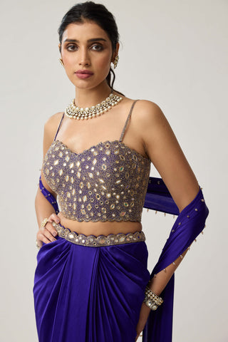 Persian blue satin draped skirt set