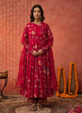 Red Kalyani Chintz Anarkali Set by Shivani Bhargava available on Indiaspopup.com