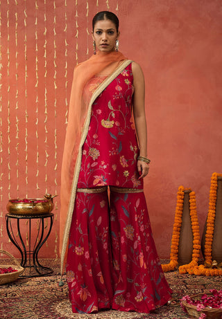 Red Diyac Chintz Embroidered Short Kurta And Sharara Set by Shivani Bhargava available on Indiaspopup.com