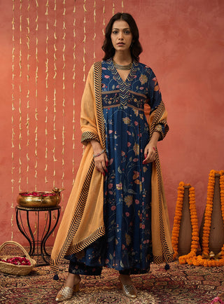 Blue Bela Chintz Embroidered Anarkali Set by Shivani Bhargava available on Indiaspopup.com