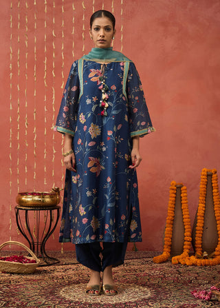 Blue Ramani Chintz Long Kurta Set by Shivani Bhargava available on Indiaspopup.com