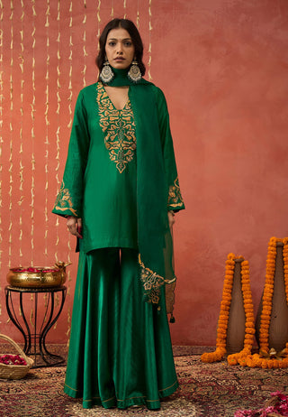 Emerald Green Silk Embroidered Short Kurta And Sharara Set by Shivani Bhargava available on Indiaspopup.com
