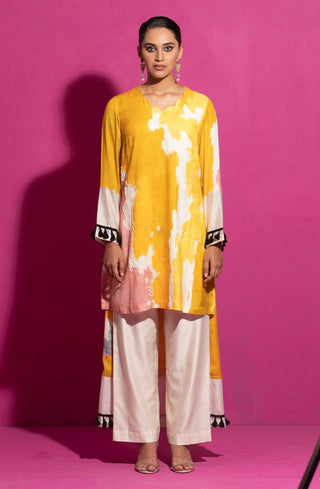 Saksham & Neharicka-Yellow Abstract Print Kurta And Pant-INDIASPOPUP.COM