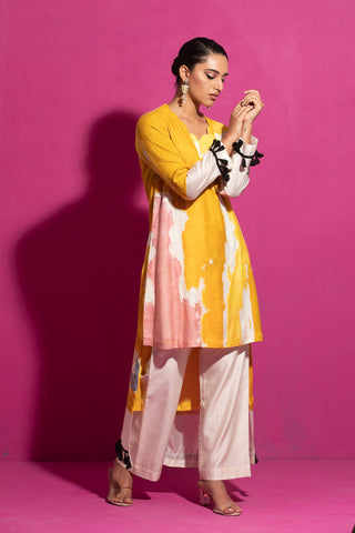 Saksham & Neharicka-Yellow Abstract Print Kurta And Pant-INDIASPOPUP.COM
