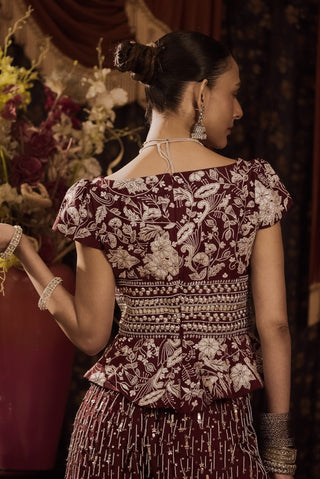 Maroon Embroidered Kurta And Palazzo Set by Saksham & Neharicka available on Indiaspopup