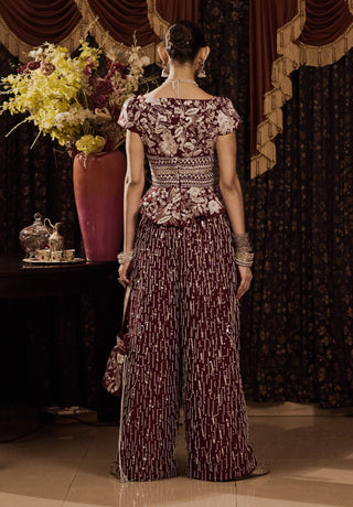 Maroon Embroidered Kurta And Palazzo Set by Saksham & Neharicka available on Indiaspopup