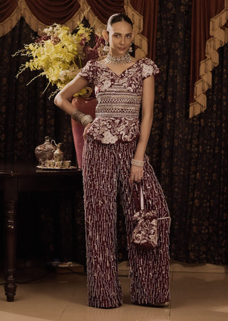 Maroon Embroidered Kurta And Palazzo Set by Saksham & Neharicka available on Indiaspopup