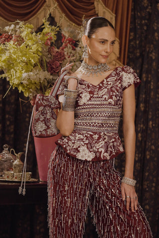 Maroon Embroidered Kurta And Palazzo Set by Saksham & Neharicka available on Indiaspopup