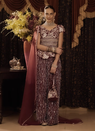 Maroon Embroidered Kurta And Palazzo Set by Saksham & Neharicka available on Indiaspopup