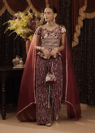 Maroon Embroidered Kurta And Palazzo Set by Saksham & Neharicka available on Indiaspopup