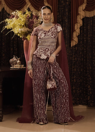 Maroon Embroidered Kurta And Palazzo Set by Saksham & Neharicka available on Indiaspopup