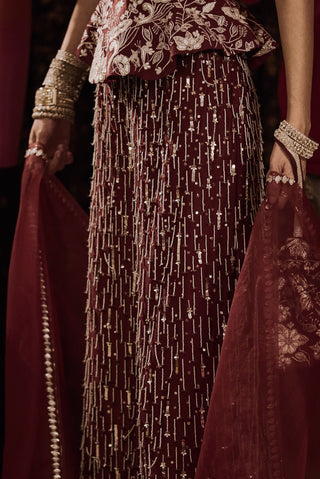 Maroon Embroidered Kurta And Palazzo Set by Saksham & Neharicka available on Indiaspopup