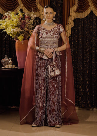 Maroon Embroidered Kurta And Palazzo Set by Saksham & Neharicka available on Indiaspopup