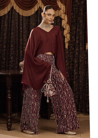 Maroon Embroidered Top And Pants by Saksham & Neharicka available on Indiaspopup