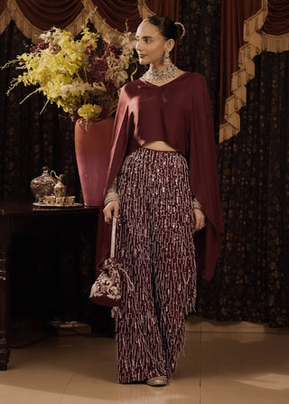 Maroon Embroidered Top And Pants by Saksham & Neharicka available on Indiaspopup