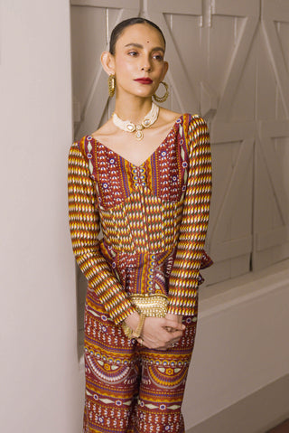 Roshan Maroon Printed Palazzo Set by Saksham & Neharicka available on Indiaspopup