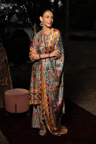 Gray Printed A-Line Kurta Set by Saksham & Neharicka available on Indiaspopup