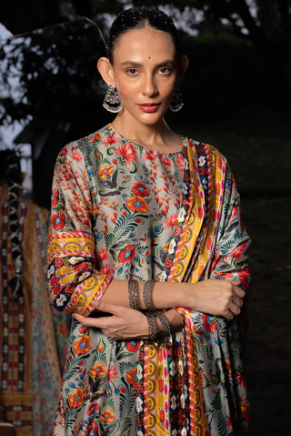 Gray Printed A-Line Kurta Set by Saksham & Neharicka available on Indiaspopup