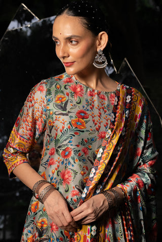 Gray Printed A-Line Kurta Set by Saksham & Neharicka available on Indiaspopup