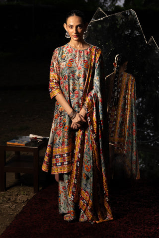 Gray Printed A-Line Kurta Set by Saksham & Neharicka available on Indiaspopup