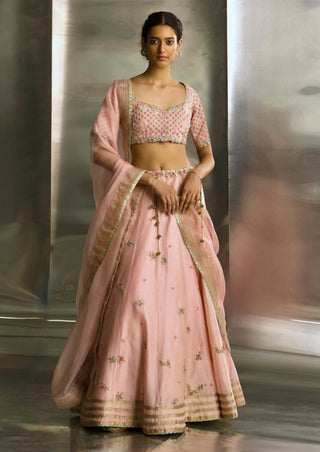 Light Pink Embroidered Lehenga Set by Charkhee, available on Indiaspopup.com