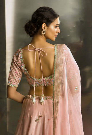 Light Pink Embroidered Lehenga Set by Charkhee, available on Indiaspopup.com