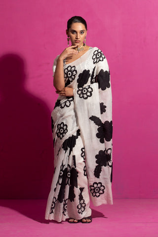 Saksham & Neharicka-Nirjhara Ivory Patchwork Sari And Unstitched Blouse-INDIASPOPUP.COM