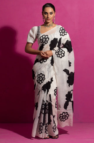 Saksham & Neharicka-Nirjhara Ivory Patchwork Sari And Unstitched Blouse-INDIASPOPUP.COM
