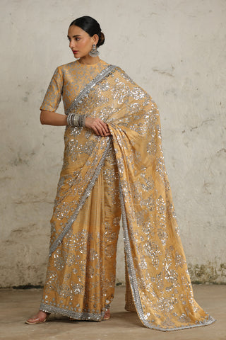 Rajkumari Gold Sari And Blouse by Saksham & Neharicka available on Indiaspopup.com