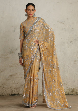 Rajkumari Gold Sari And Blouse by Saksham & Neharicka available on Indiaspopup.com