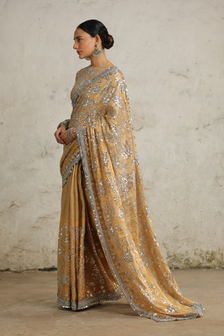 Rajkumari Gold Sari And Blouse by Saksham & Neharicka available on Indiaspopup.com