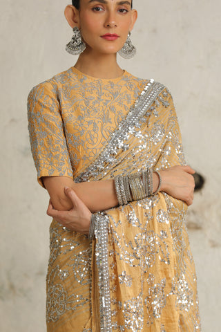 Rajkumari Gold Sari And Blouse by Saksham & Neharicka available on Indiaspopup.com