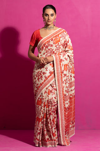 Saksham & Neharicka-Bagh-E-Hiran Red Sari And Unstitched Blouse-INDIASPOPUP.COM