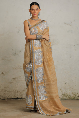 Mahalaya Beige Sari And Unstitched Blouse by Saksham & Neharicka available on Indiaspopup.com