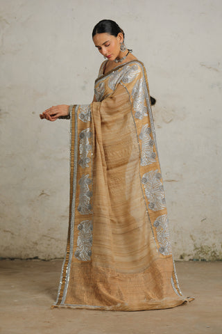 Mahalaya Beige Sari And Unstitched Blouse by Saksham & Neharicka available on Indiaspopup.com