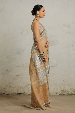 Mahalaya Beige Sari And Unstitched Blouse by Saksham & Neharicka available on Indiaspopup.com