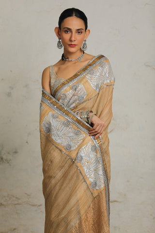 Mahalaya Beige Sari And Unstitched Blouse by Saksham & Neharicka available on Indiaspopup.com