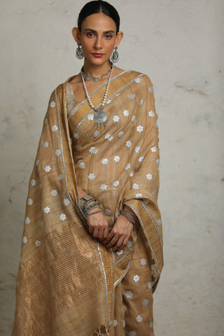 Samiul Beige Sari And Unstitched Blouse by Saksham & Neharicka available on Indiaspopup.com