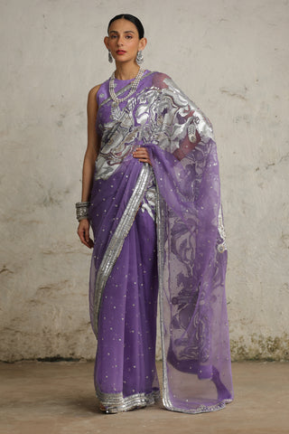 Cosmos Purple Organza Sari Set by Saksham & Neharicka available on Indiaspopup.com