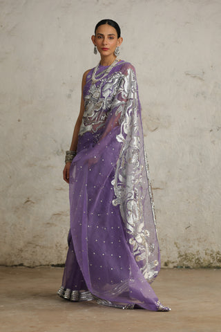 Cosmos Purple Organza Sari Set by Saksham & Neharicka available on Indiaspopup.com