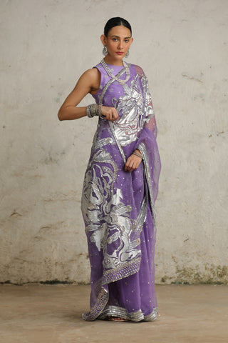 Cosmos Purple Organza Sari Set by Saksham & Neharicka available on Indiaspopup.com
