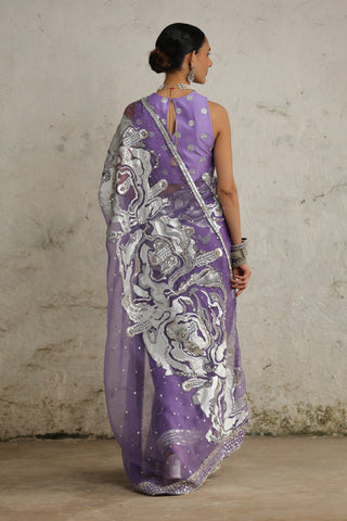 Cosmos Purple Organza Sari Set by Saksham & Neharicka available on Indiaspopup.com