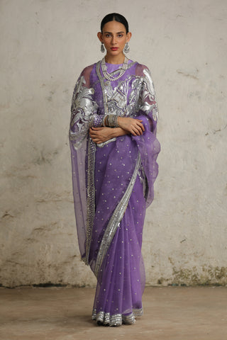 Cosmos Purple Organza Sari Set by Saksham & Neharicka available on Indiaspopup.com