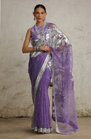 Cosmos Purple Organza Sari Set by Saksham & Neharicka available on Indiaspopup.com
