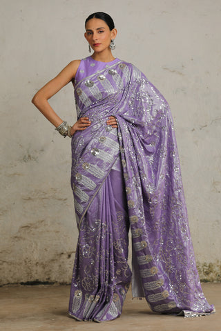 Pansy Purple Embroidered Sari Set by Saksham & Neharicka available on Indiaspopup.com